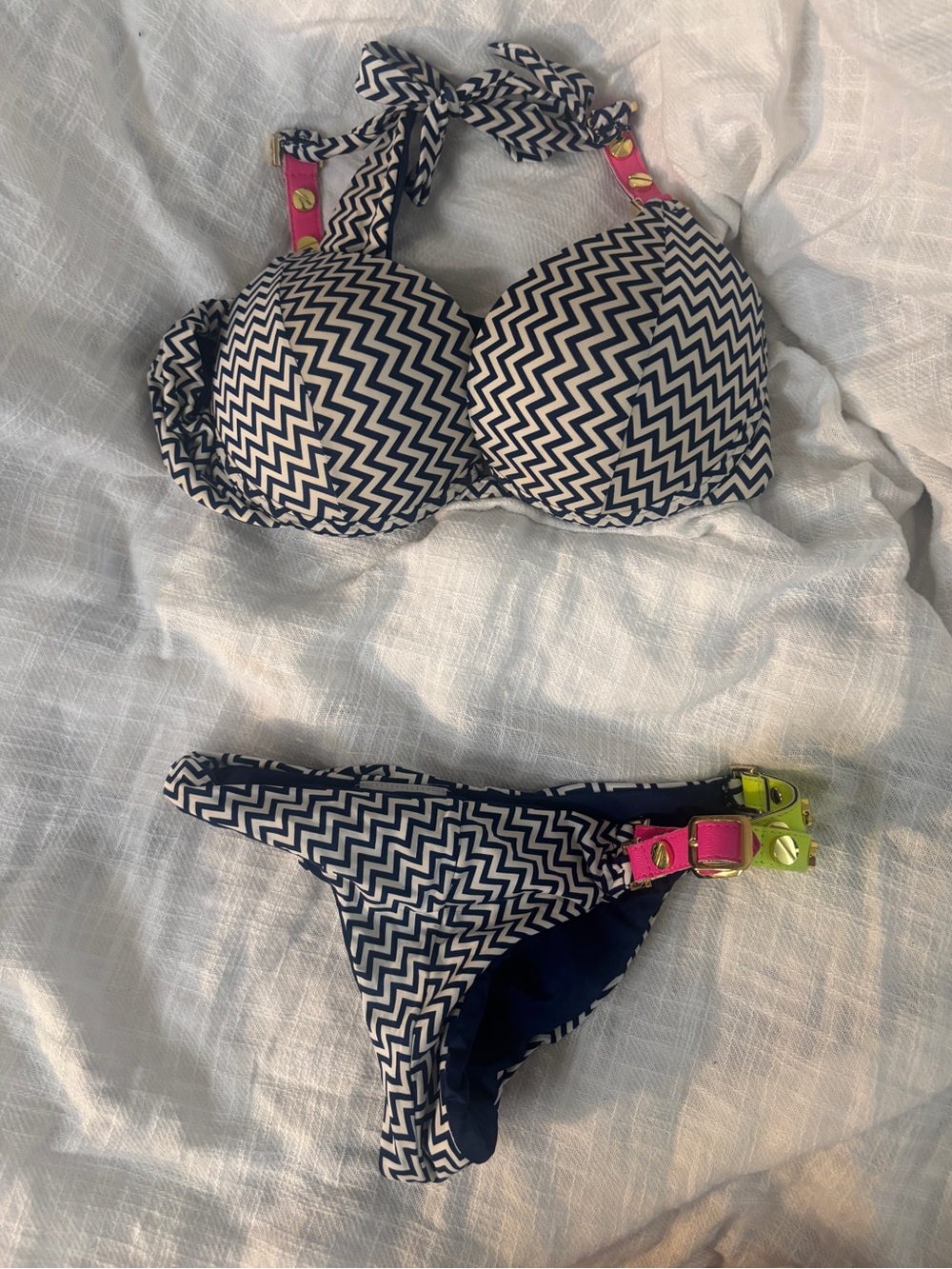 3 piece Beach Bunny Navy White Zigzag Bikini w Neon Pink Yellow Accents Size Sm